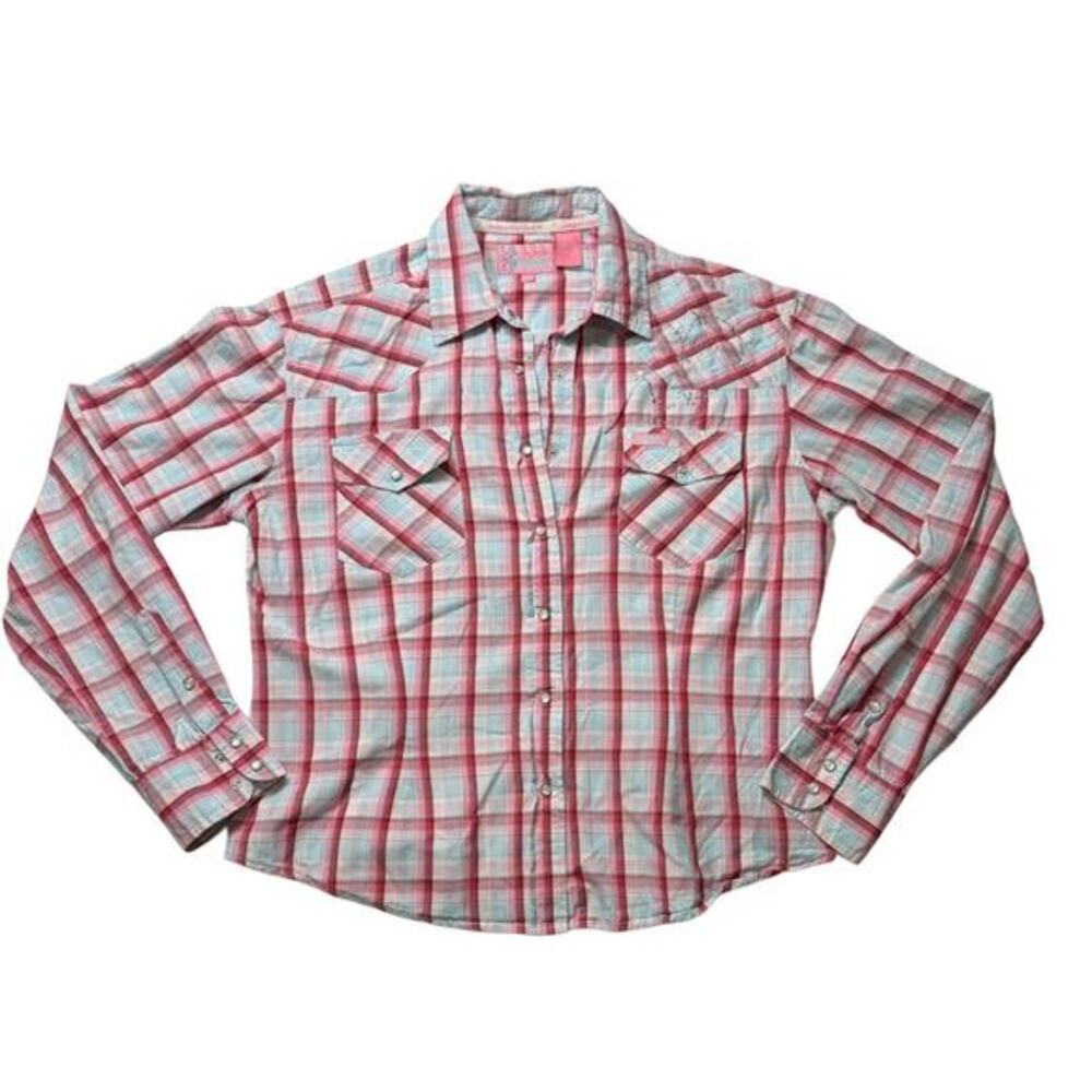 Cowgirl Hardware Pink Plaid Cotton Button Up/Collared, Bling Accents, Western XL